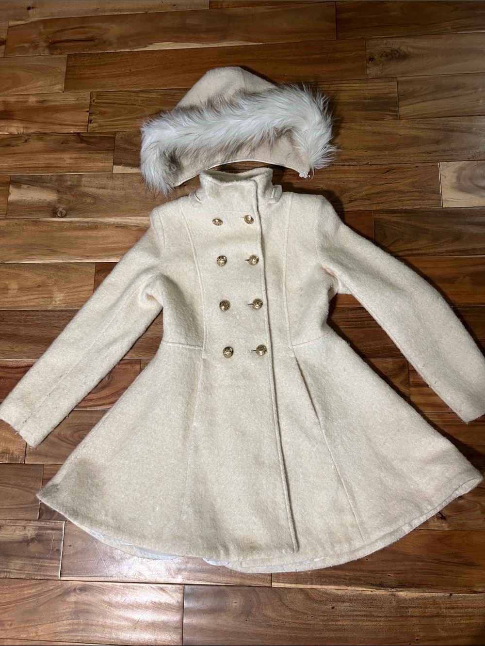 Liz Claiborne Cream Double-Breasted Wool Pea Coat with removable Faux-Fur Hood